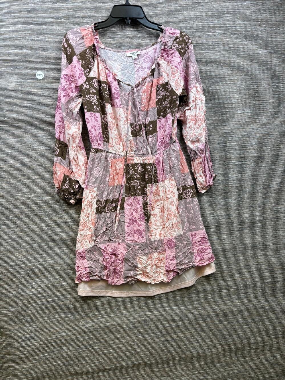 Andree by Unit Floral Patchwork Mini Dress Size L Pink Olive Boho Short Peasant